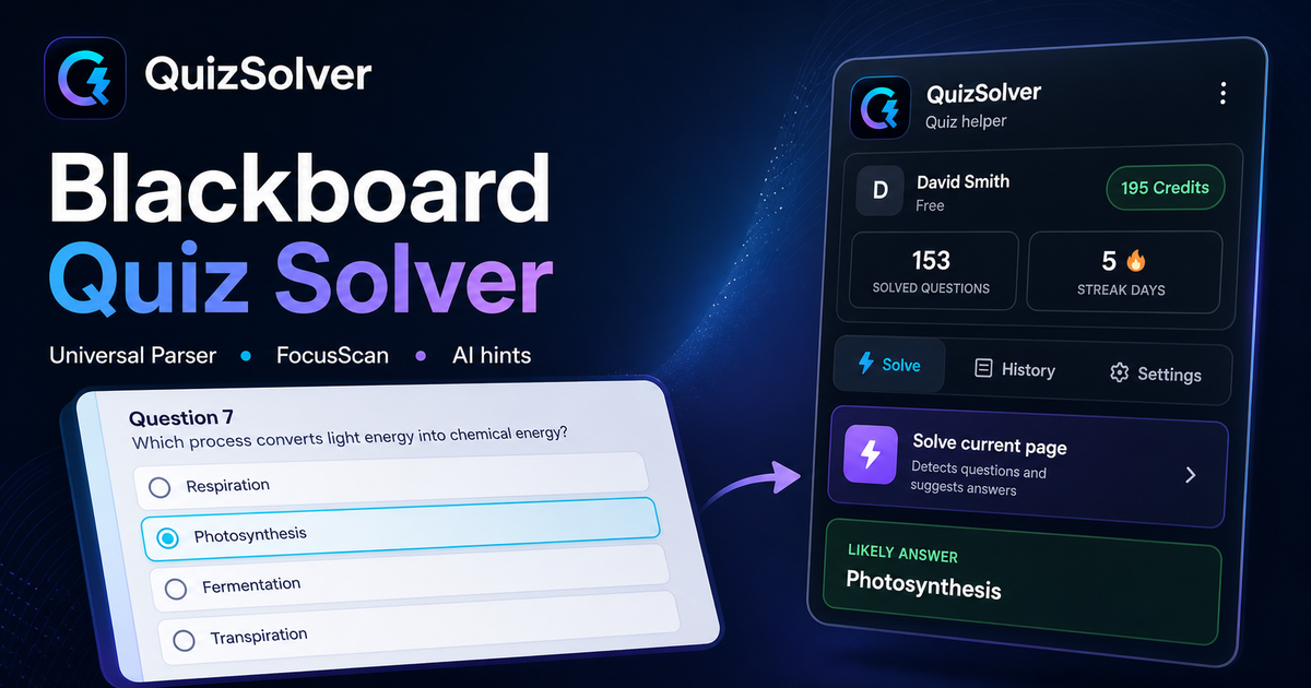 Podgląd workflow QuizSolver dla Blackboard: uniwersalny parser, FocusScan i zapisane wyjaśnienia