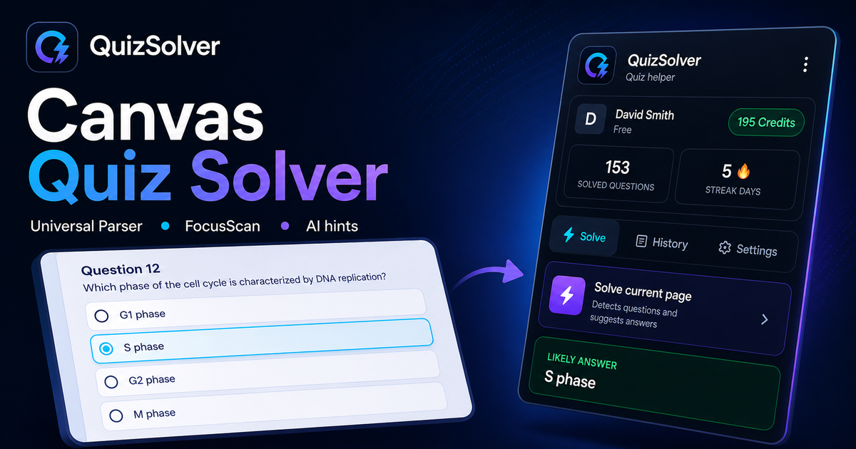 QuizSolver workflow preview for Canvas: universal parser, FocusScan and saved explanations