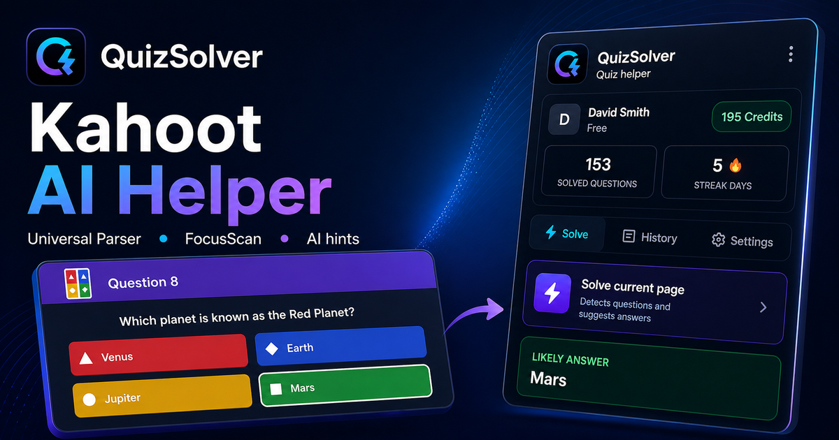 QuizSolver workflow preview for Kahoot: universal parser, FocusScan and saved explanations