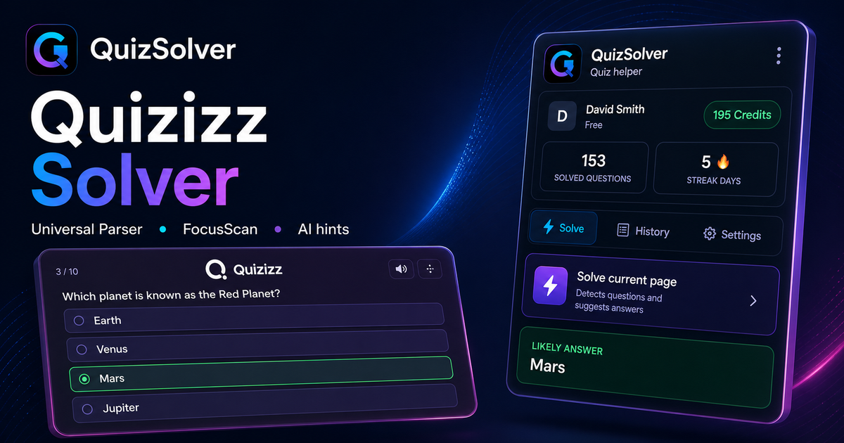 QuizSolver workflow preview for Quizizz: universal parser, FocusScan and saved explanations