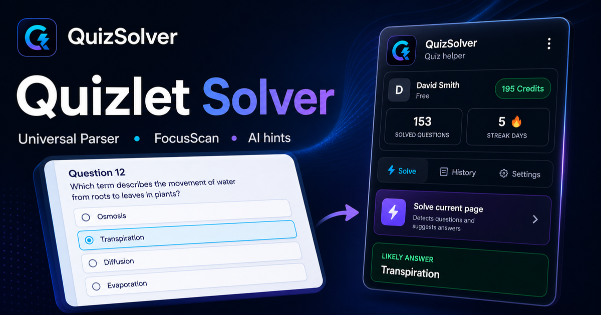QuizSolver workflow preview for Quizlet: universal parser, FocusScan and saved explanations